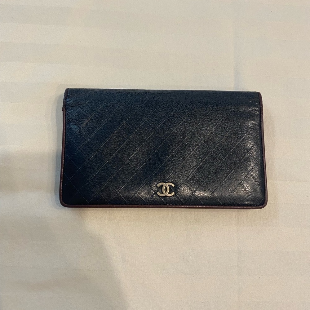 VTG CHANEL Bicolore CC Logo Lambskin Long Bifold Wallet Black/Brown | Authentic
